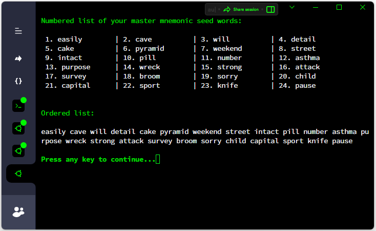 Interactive KM Setup - Example of a Mater Mnemonic Preview